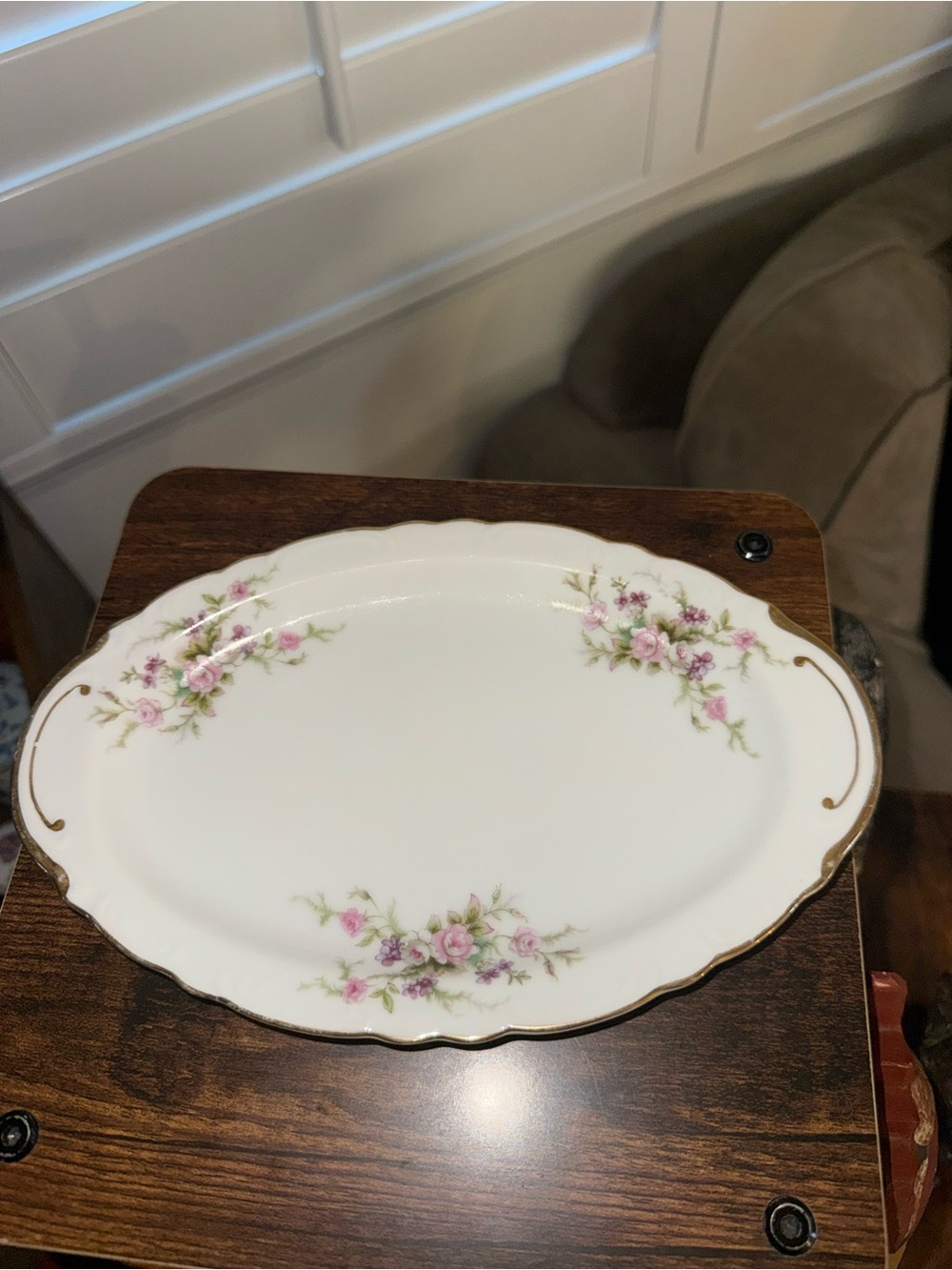 Forget Me Not -Classic Floral Porcelain Serving Platter in White with Pink Roses